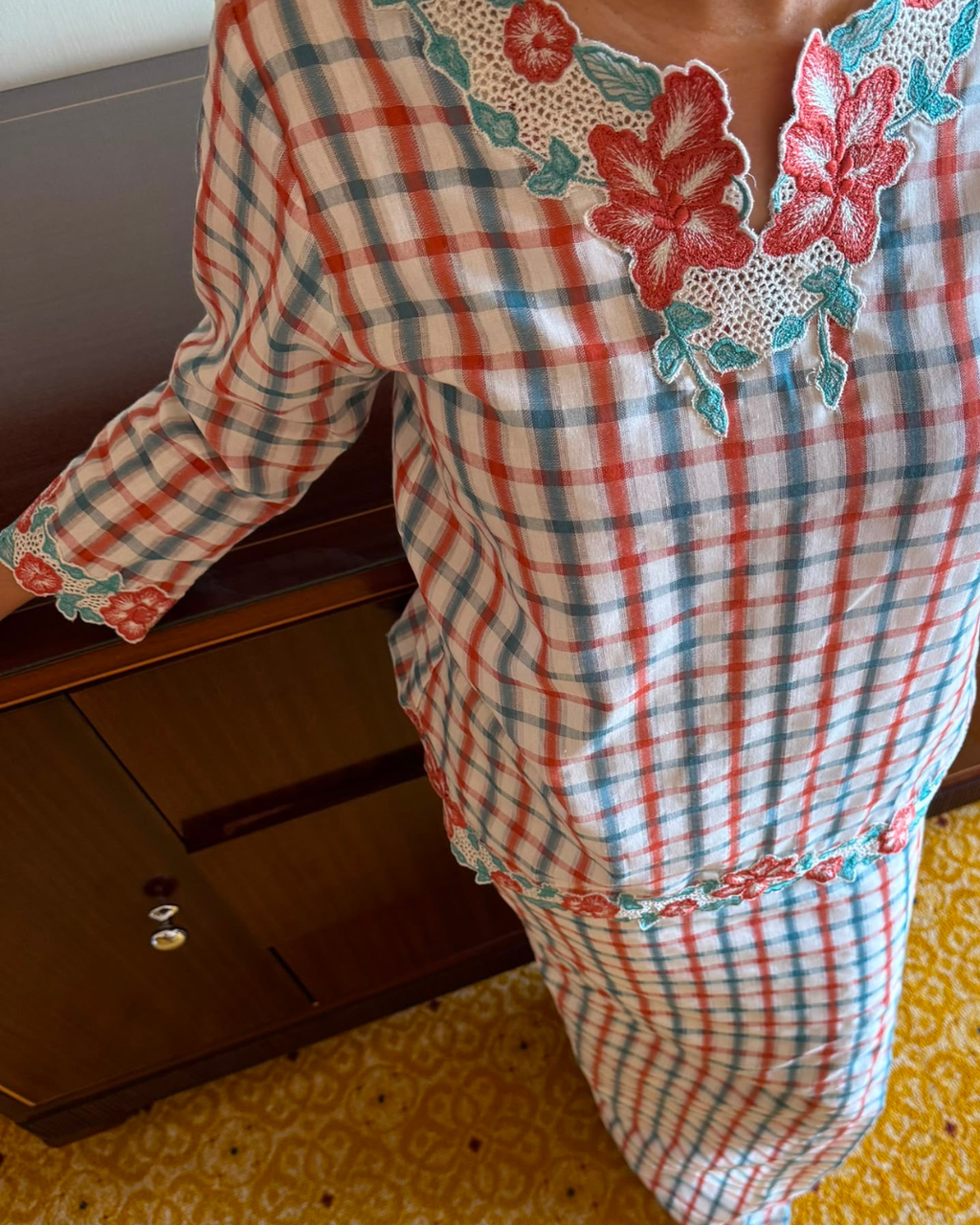 NAYARA KURUNG KEDAH IN CORAL & TEAL PLAID