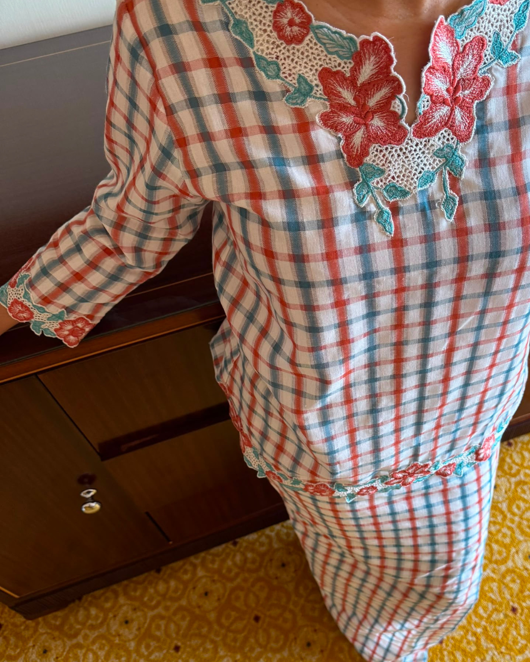 NAYARA KURUNG KEDAH IN CORAL & TEAL PLAID