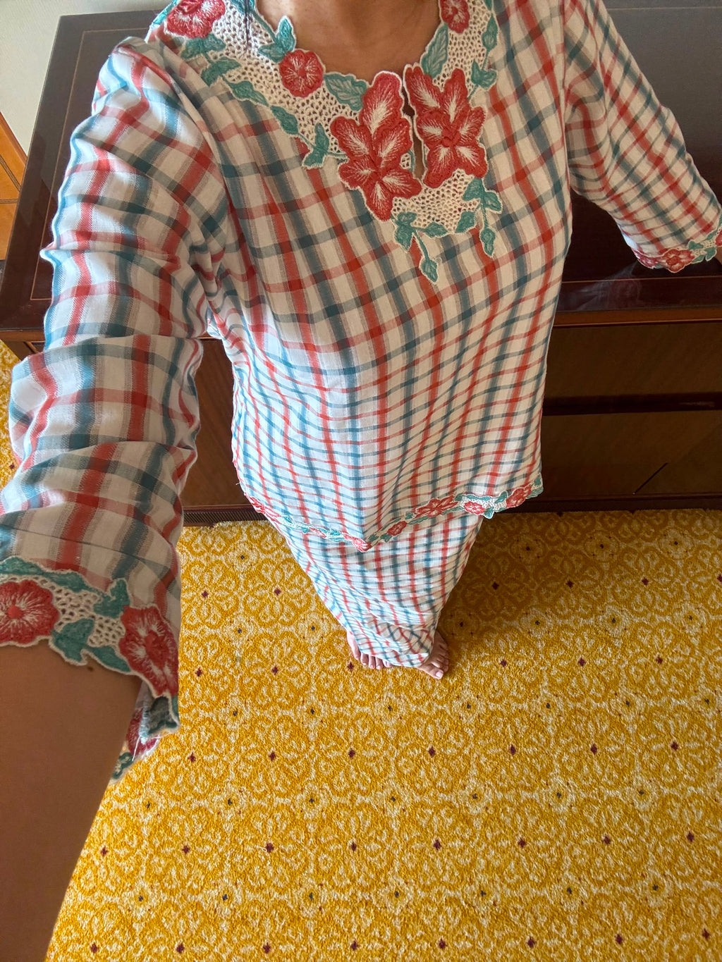 NAYARA KURUNG KEDAH IN CORAL & TEAL PLAID